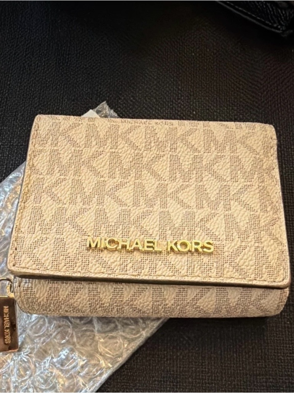 Michael Kors Beige Logo Trifold Wallet with Gold Hardware